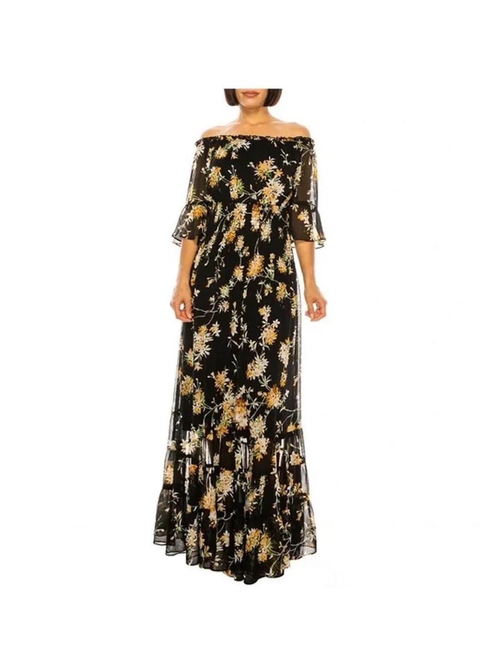 Premier Amour Black Floral Maxi Off Shoulder Dress Sz 14 Smocked Flutter Sleeve
